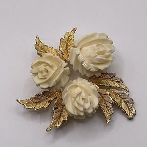 Vintage LEDO Brooch 1950s Signed Carved Celluloid Roses Gold Tone Art Deco